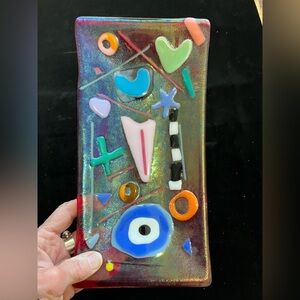 Island Heart “  Fused Art Glass  Handmade 10”x5” Art Rectangular Tray OOAK